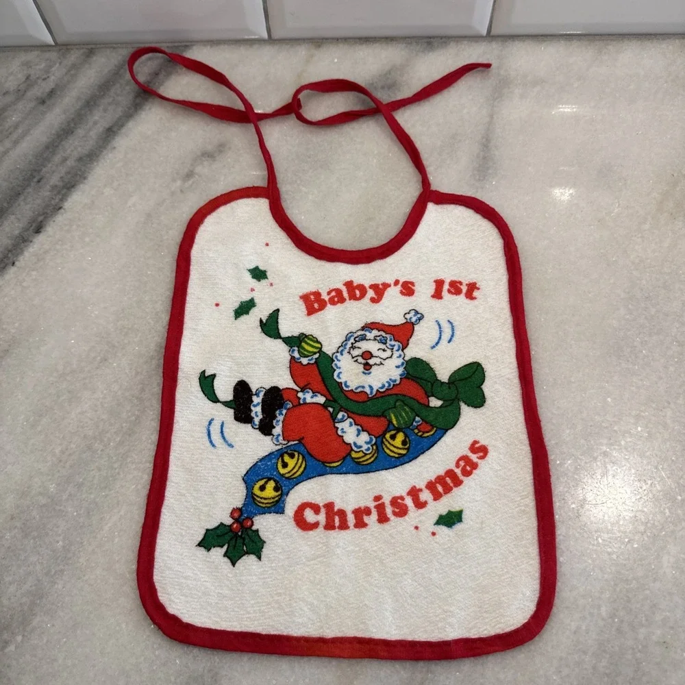 Vintage, Santa Claus/jingle Bells‎ Baby's First Christmas baby bib plastic back